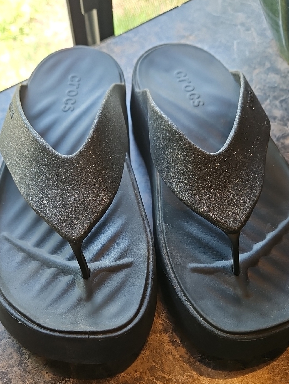 CROCS Black Glitter Platform Thong Sandals